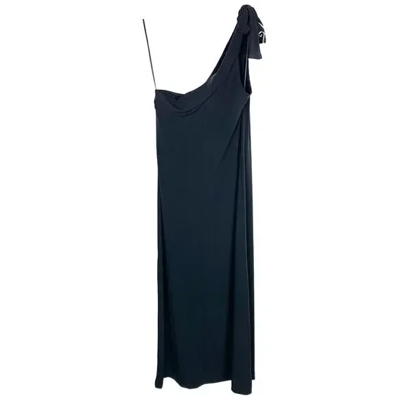 Ann Taylor Womens Tie Shoulder Midi Dress Black Stretch Polyester Sheath XS - Picture 2 of 8